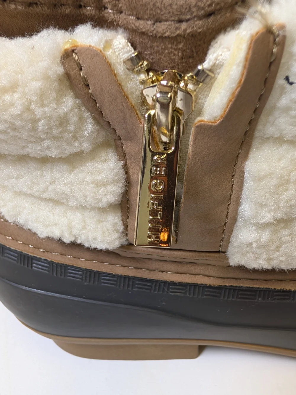 Tommy Hilfiger Black Rubber & Cream Sherpa Winter Boots with Brown Trim